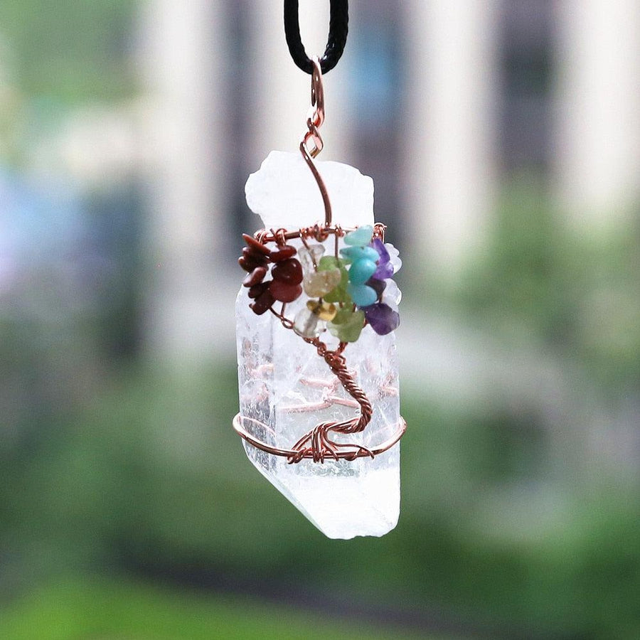 Collier pendentif des 7 chakras « arbre de vie » en cristal blanc