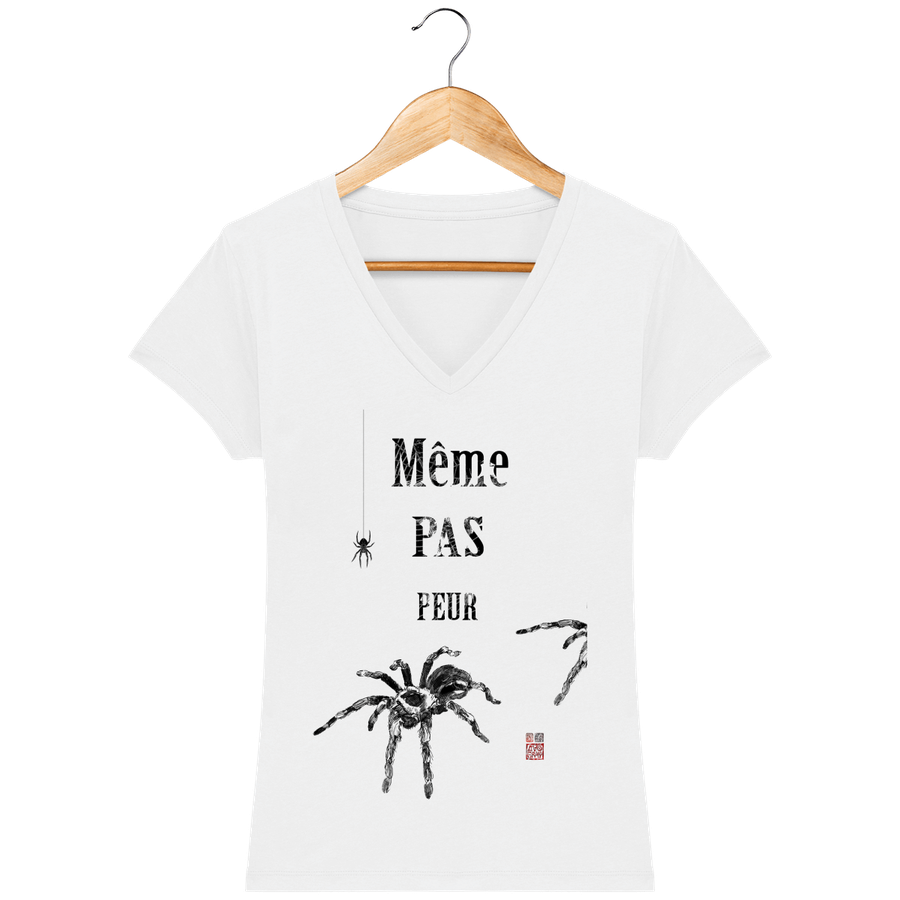 T-shirt col V en coton bio pour Femme "Araignées : même pas peur" - Collection Daography