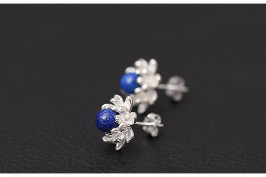 Boucles d'oreilles Lotus et Lapis Lazuli en argent 925