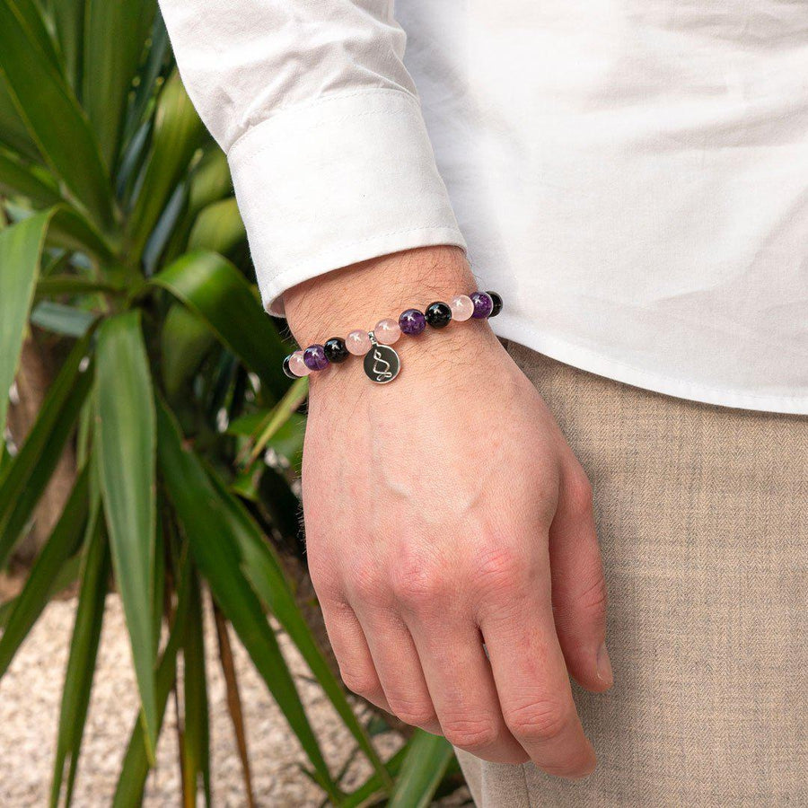 Bracelet « Créativité et Régénération » en Quartz Rose, Améthyste et Onyx Noir