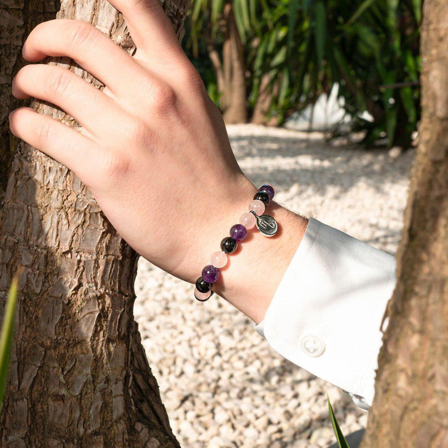 Bracelet « Créativité et Régénération » en Quartz Rose, Améthyste et Onyx Noir