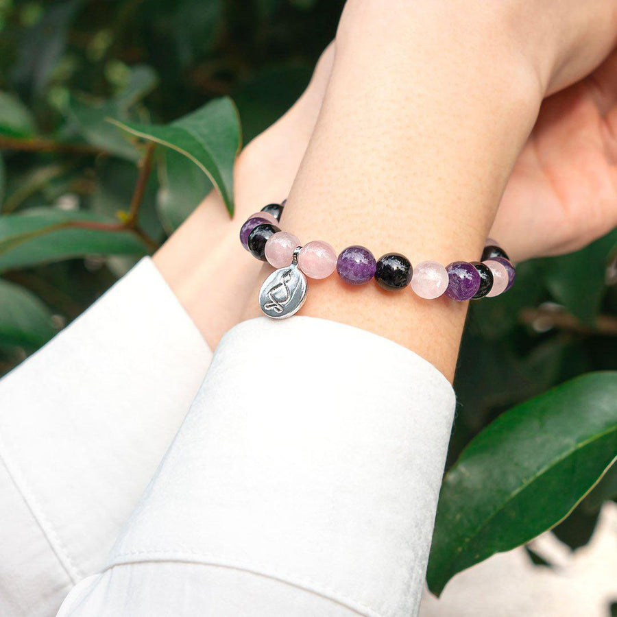 Bracelet « Créativité et Régénération » en Quartz Rose, Améthyste et Onyx Noir