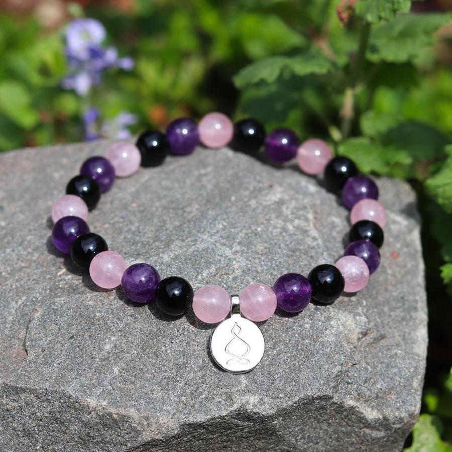 Bracelet « Créativité et Régénération » en Quartz Rose, Améthyste et Onyx Noir