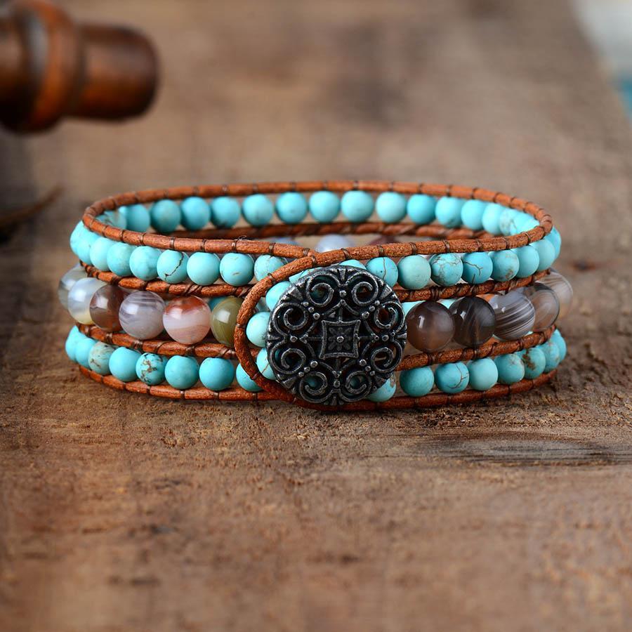 Bracelet en perles de Turquoise et Jaspe sur cuir véritable