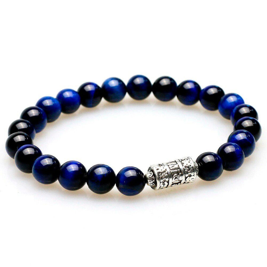 Bracelet Perles de pierres d'Œil de tigre bleu et totem bouddhiste