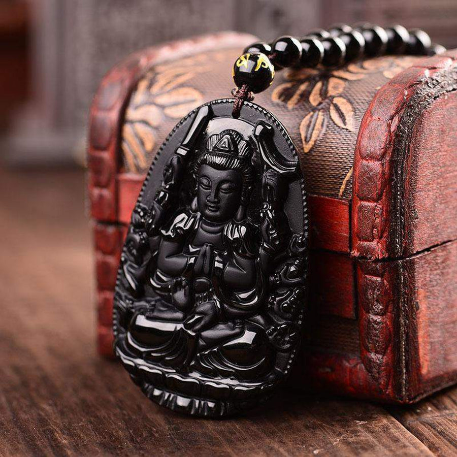 Pendentif Avalokitesvara Bodhisattva bouddha en obsidienne noire