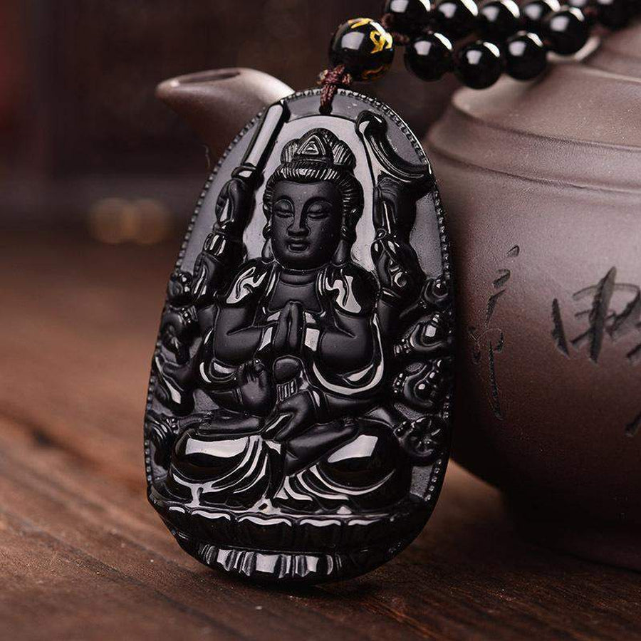 Pendentif Avalokitesvara Bodhisattva bouddha en obsidienne noire