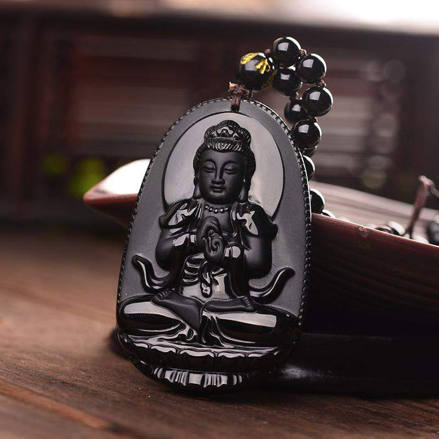 Pendentif Maha vairocana bouddha en obsidienne noire