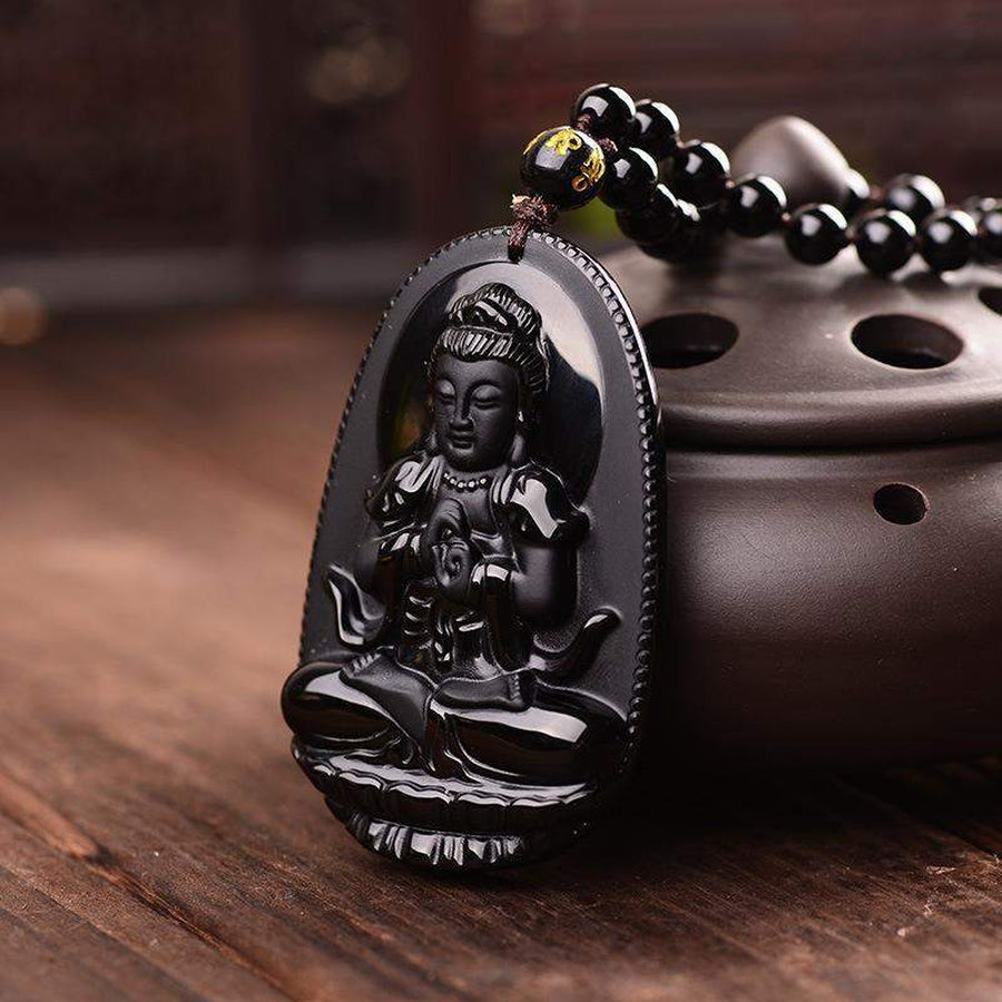 Pendentif Maha vairocana bouddha en obsidienne noire