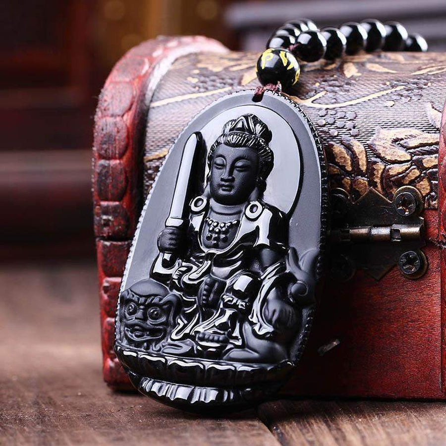 Pendentif Manjusri Bodhisattva Bouddha en Obsidienne Noire