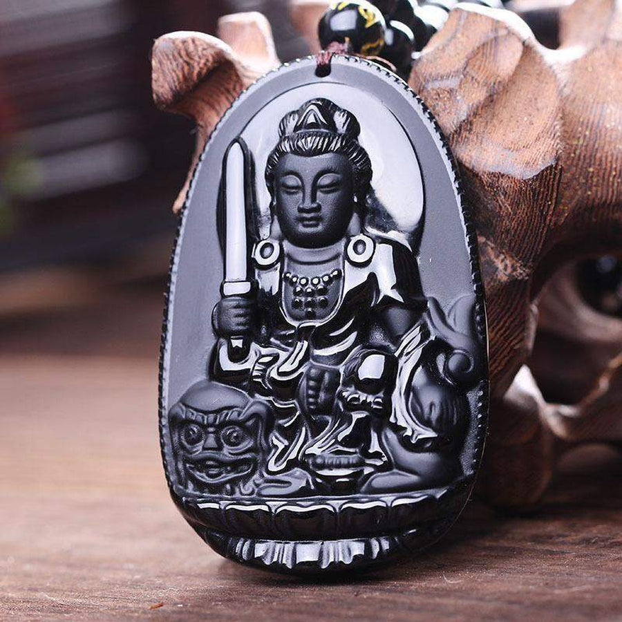 Pendentif Manjusri Bodhisattva Bouddha en Obsidienne Noire