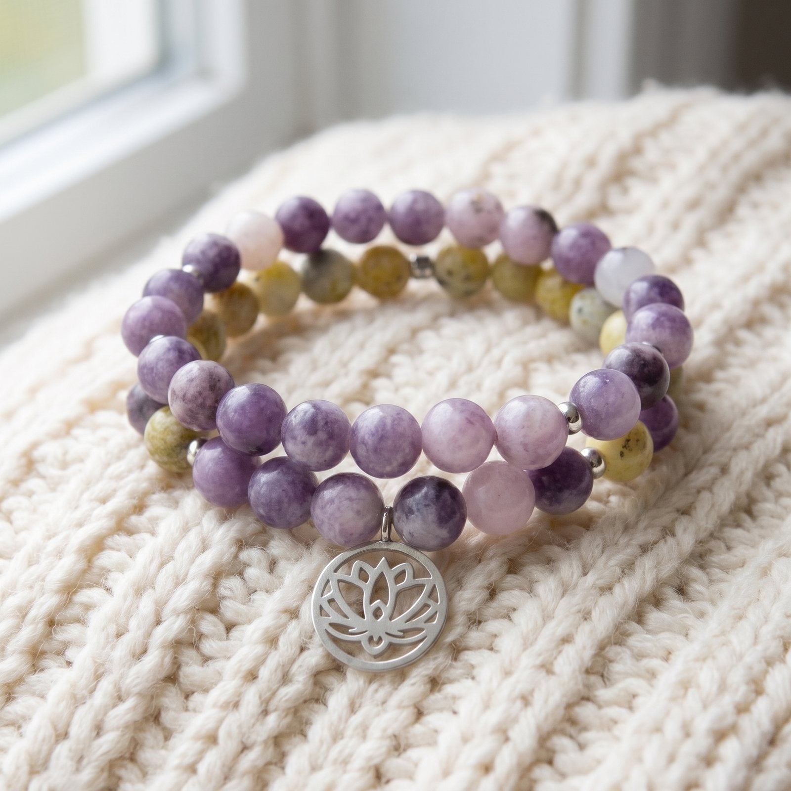 Bracelet Double "Anti-Stress" en Lépidolite et Serpentine