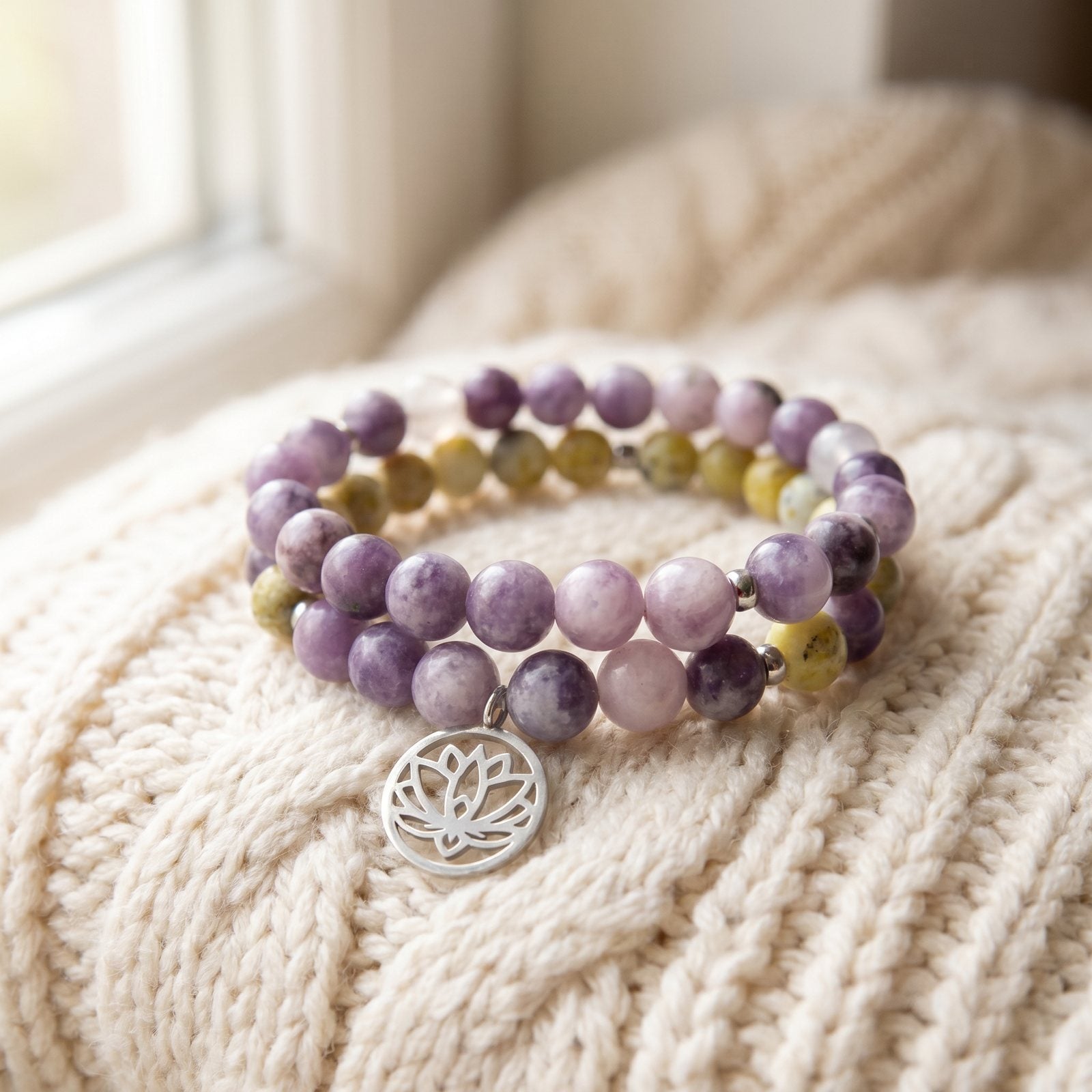 Bracelet Double "Anti-Stress" en Lépidolite et Serpentine