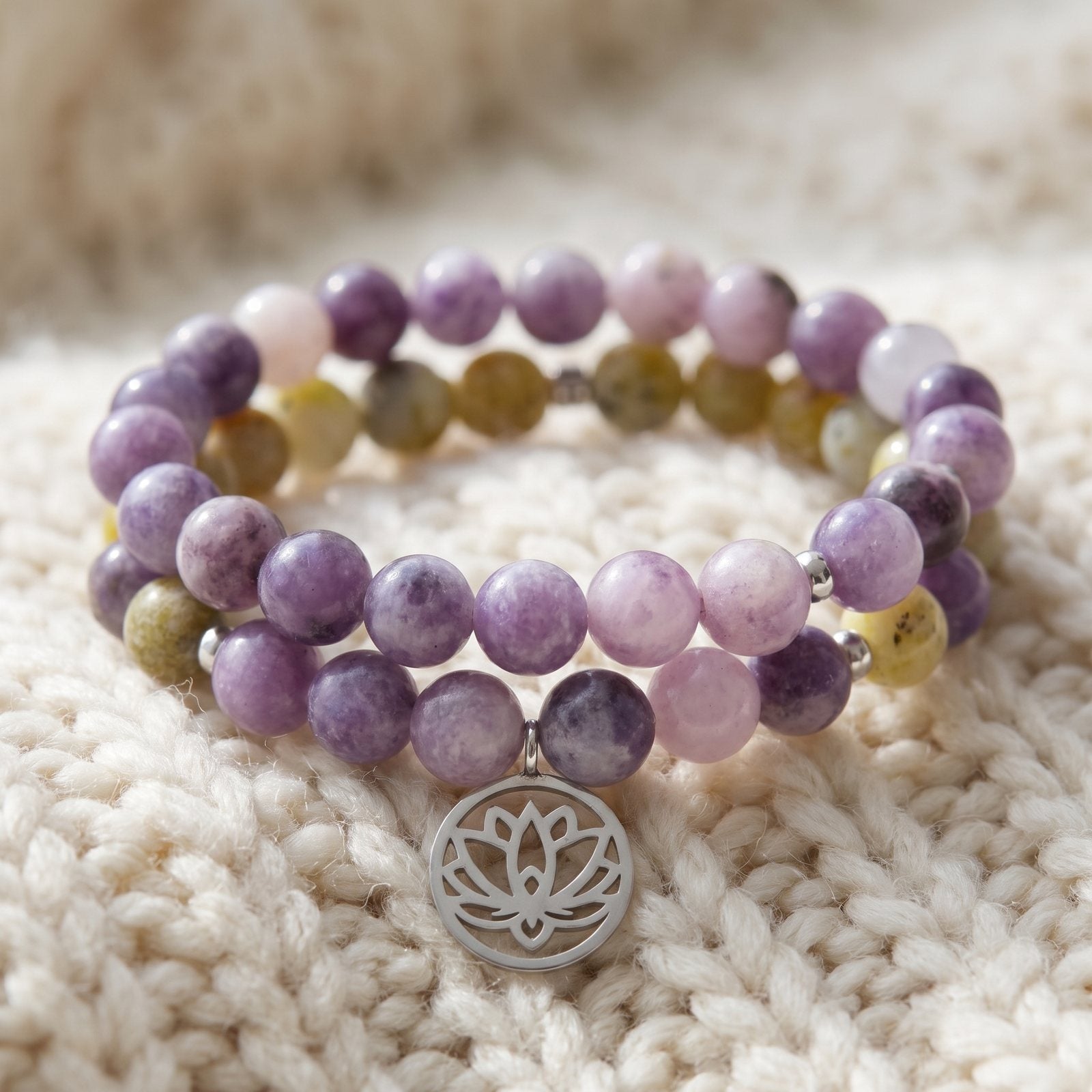 Bracelet Double "Anti-Stress" en Lépidolite et Serpentine