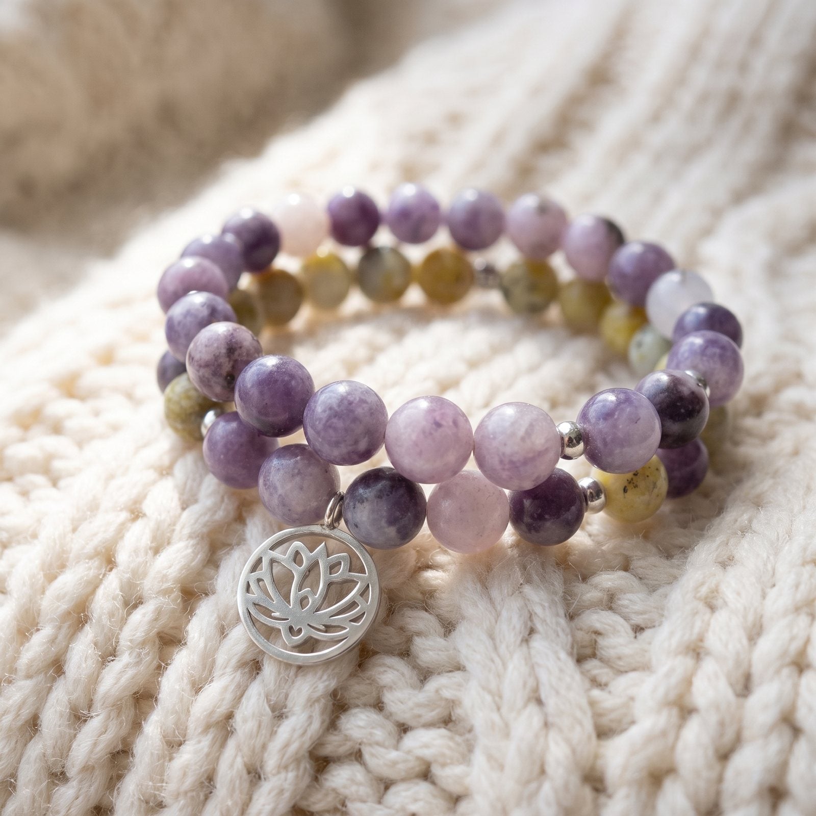 Bracelet Double "Anti-Stress" en Lépidolite et Serpentine
