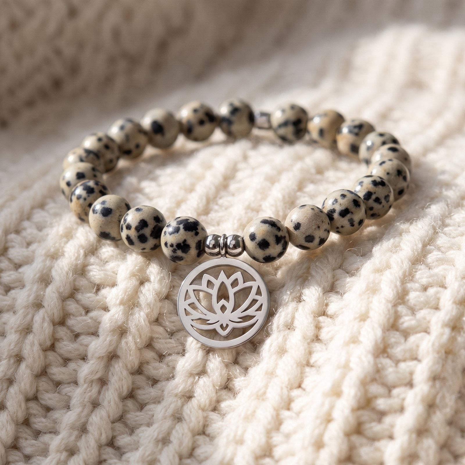 Bracelet Lotus "Joie de l'Être" en Jaspe Dalmatien