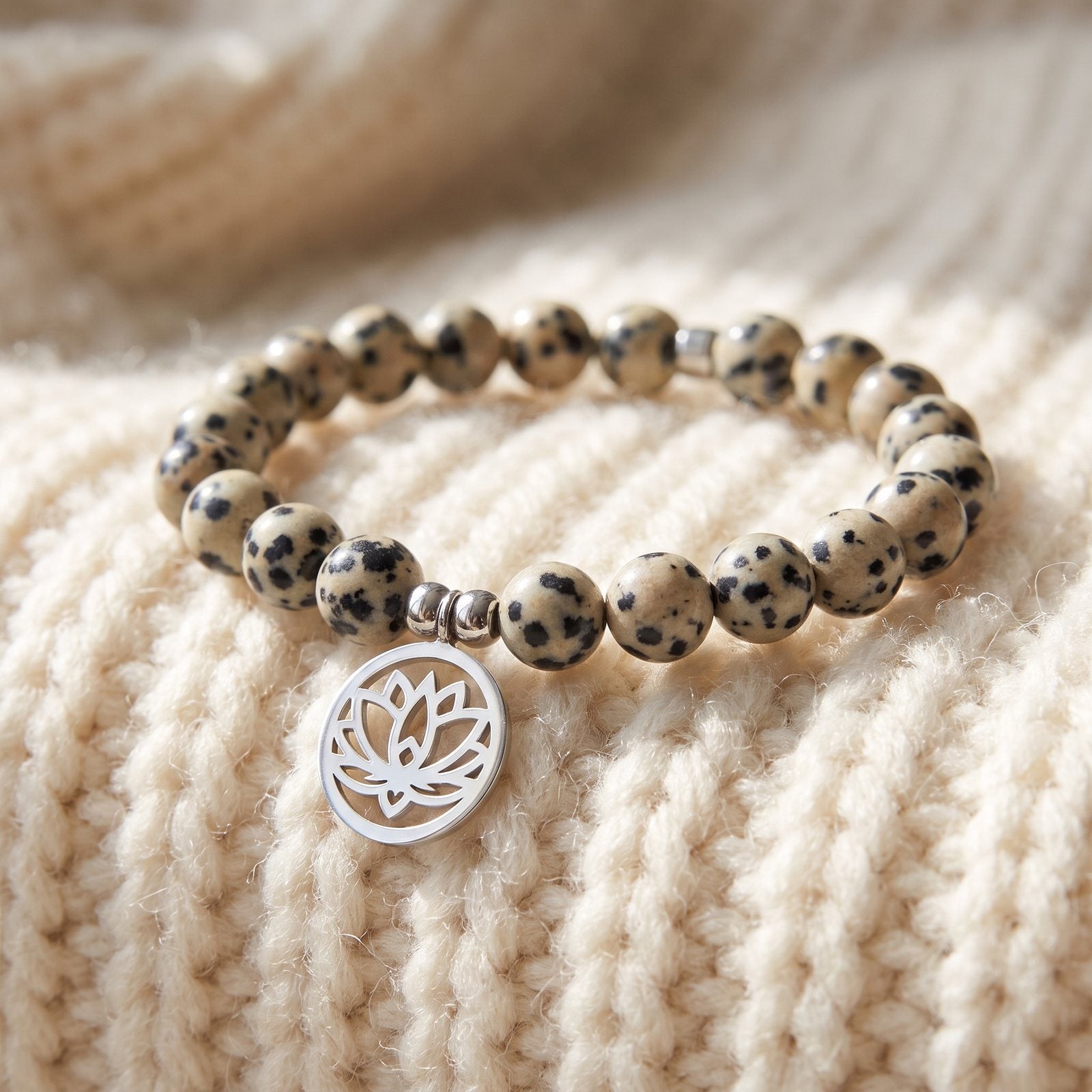 Bracelet Lotus "Joie de l'Être" en Jaspe Dalmatien