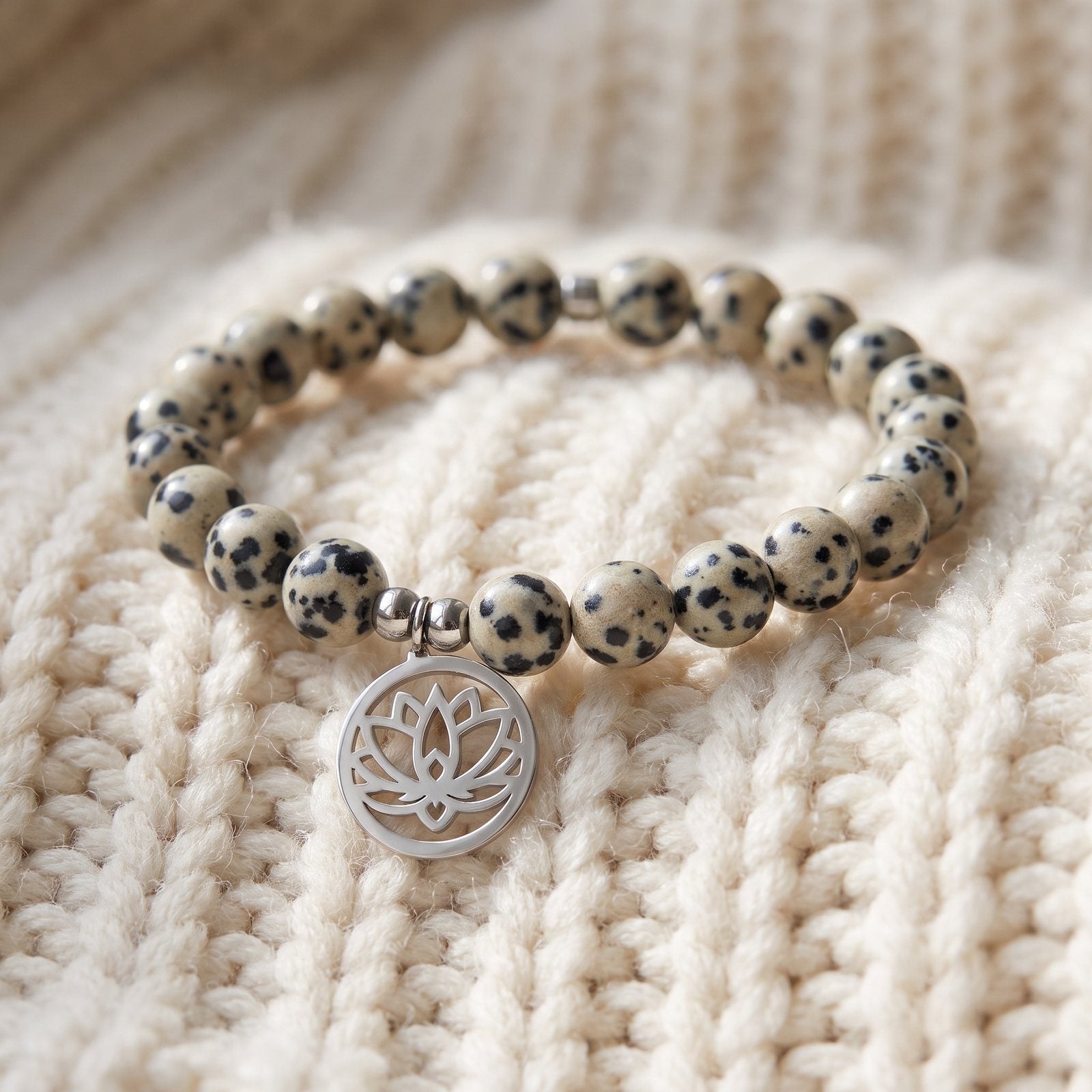 Bracelet Lotus "Joie de l'Être" en Jaspe Dalmatien