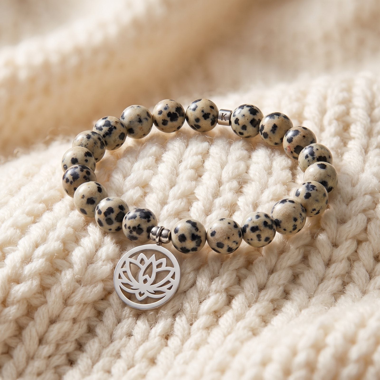 Bracelet Lotus "Joie de l'Être" en Jaspe Dalmatien
