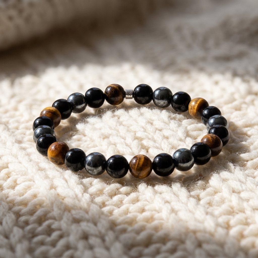 Bracelet en Oeil de Tigre, Hématite et Obsidienne Noire "Triple Protection"