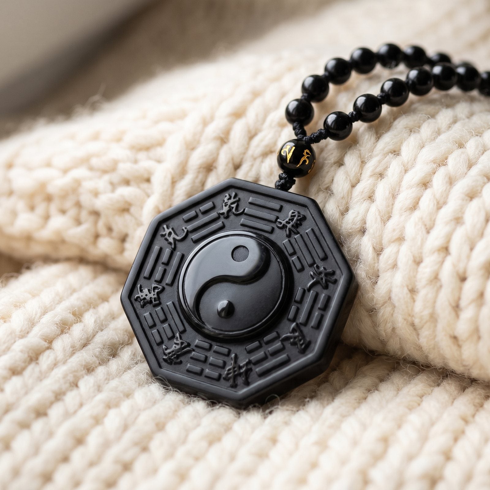Collier et Pendentif sculpté "Yin & Yang" en Obsidienne Noire
