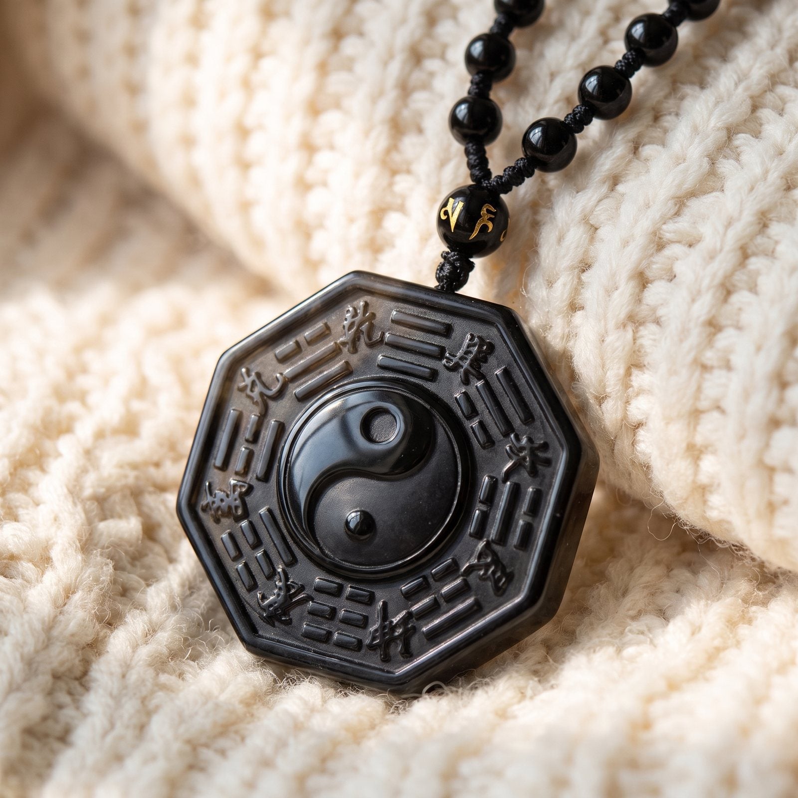 Collier et Pendentif sculpté "Yin & Yang" en Obsidienne Noire