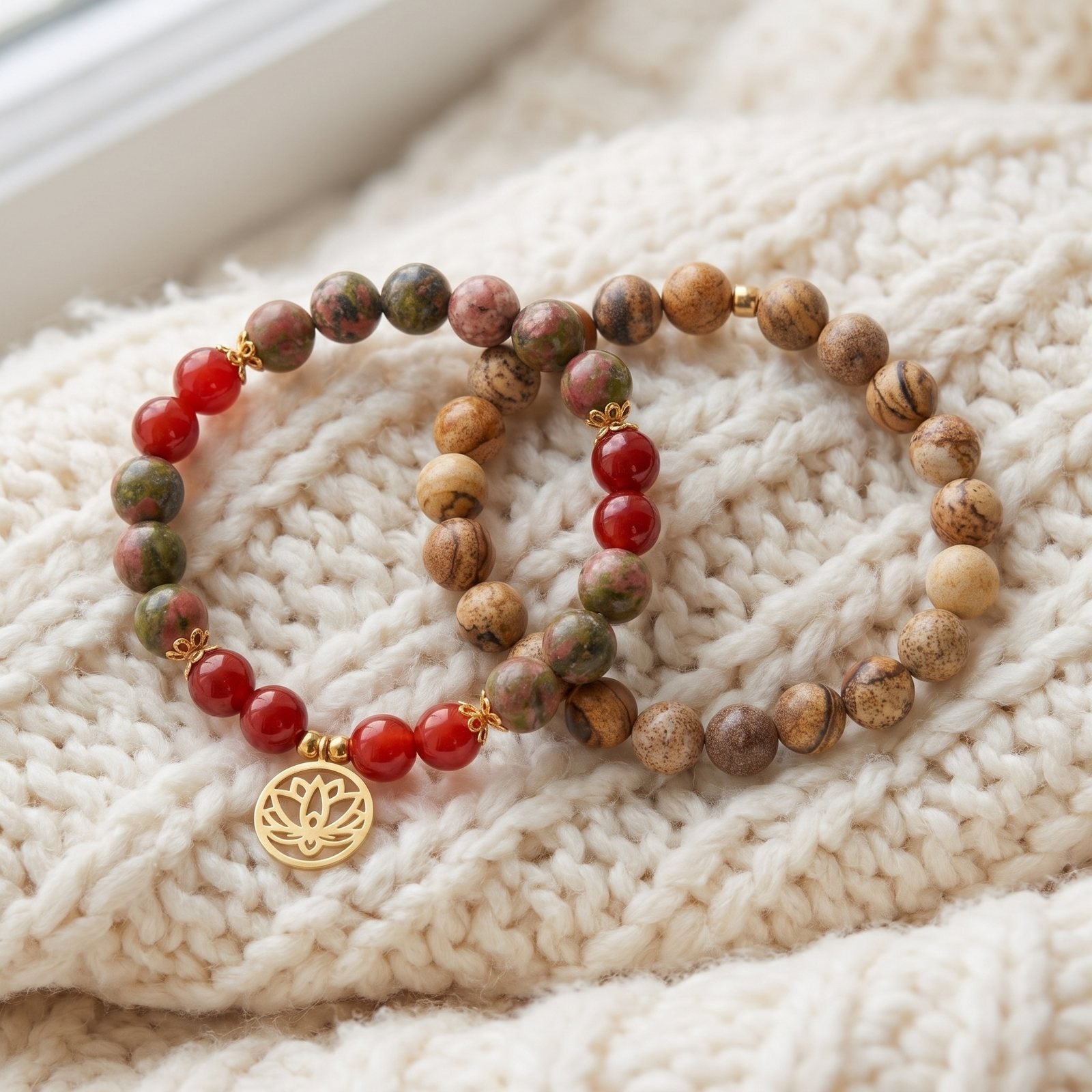 Double Bracelet "Changement Positif" en Unakite, Jaspe Paysage et Cornaline