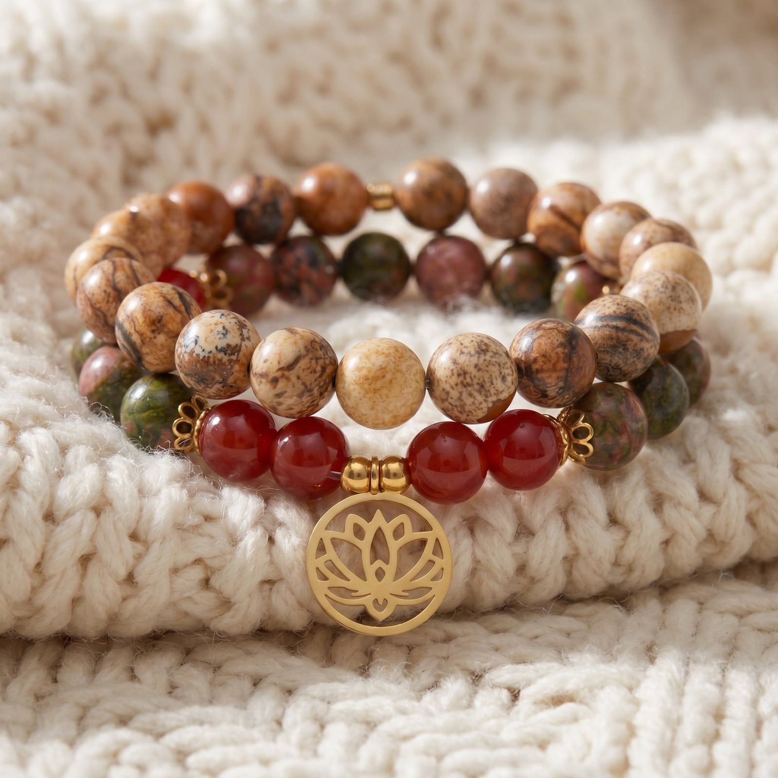 Double Bracelet "Changement Positif" en Unakite, Jaspe Paysage et Cornaline