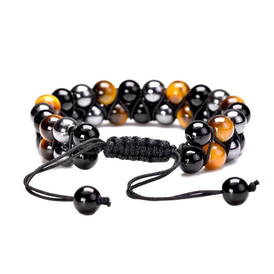 Double bracelet shamballa à nœud coulissant, perles noires, brunes et grises, vue de dos