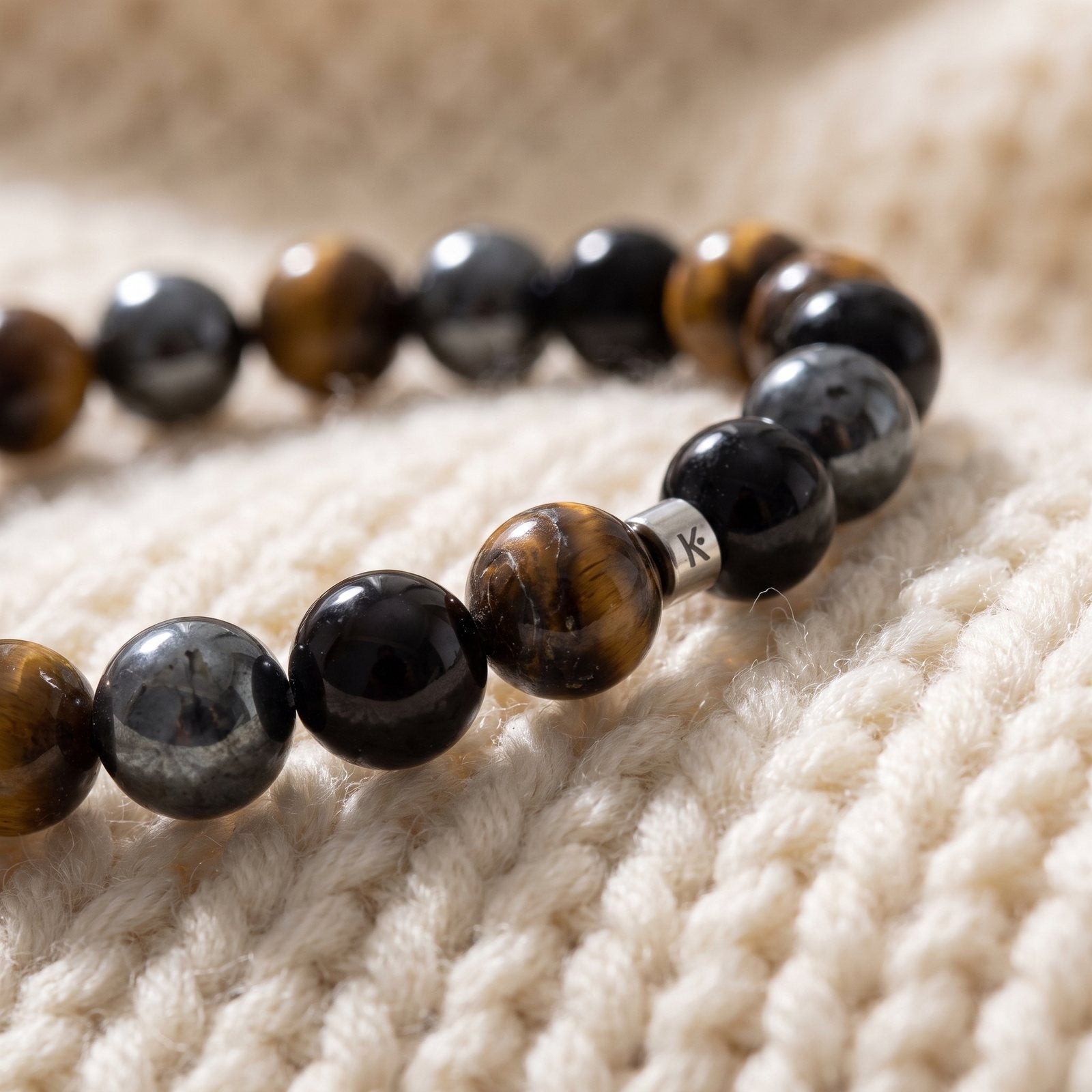Mala "Triple Protection" de 108 perles en Oeil de Tigre, Hématite et Obsidienne Noire