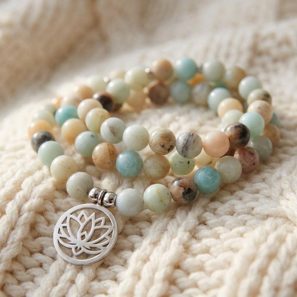 Mala "Lotus" de 108 perles en Amazonite