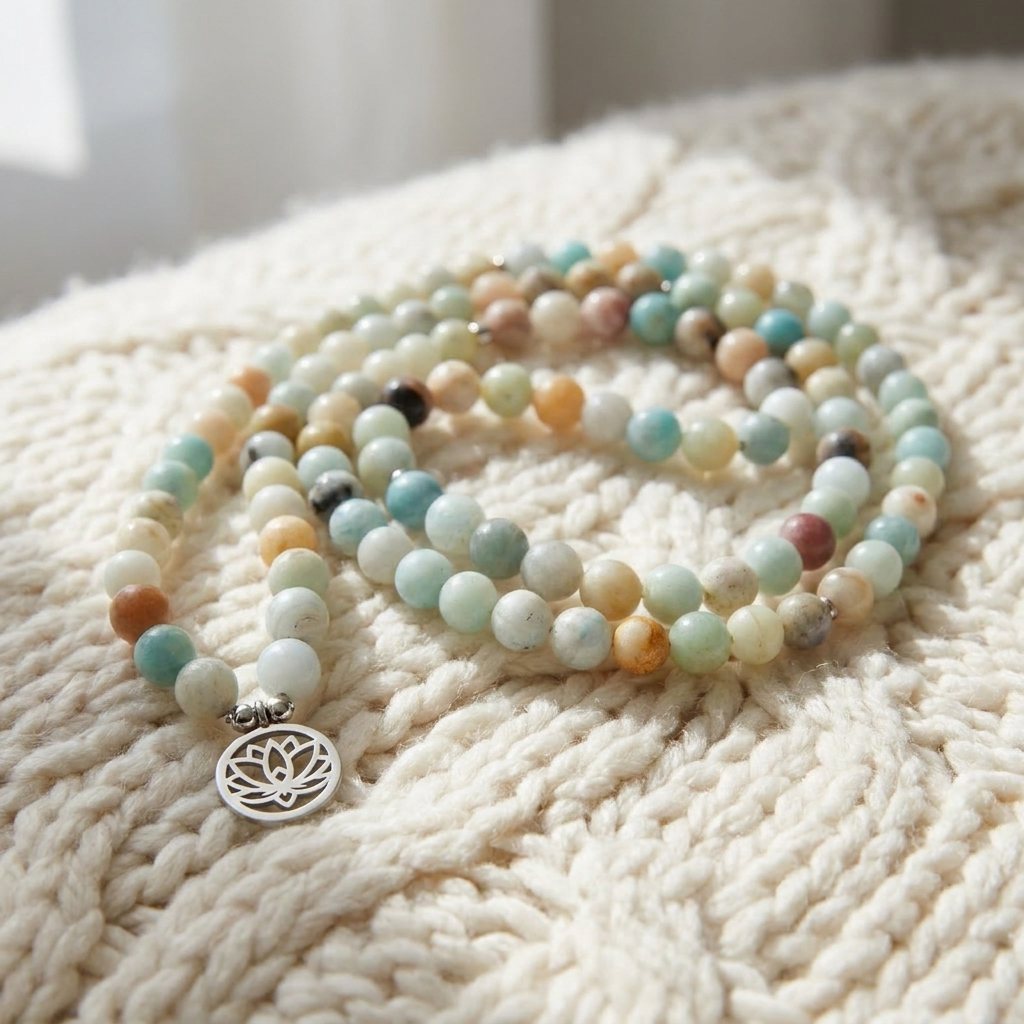 Mala "Lotus" de 108 perles en Amazonite