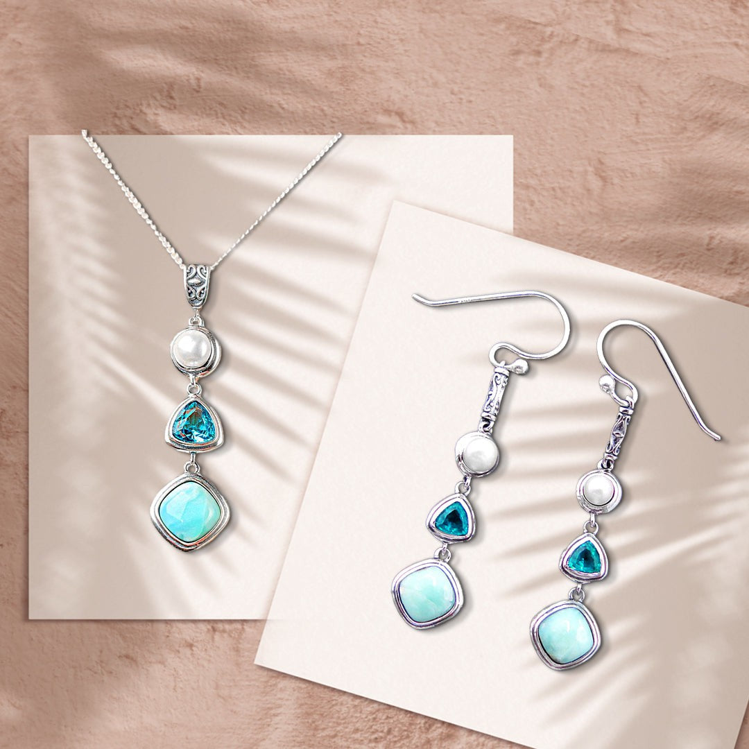Ensemble collier et boucles Larimar, vue à plat