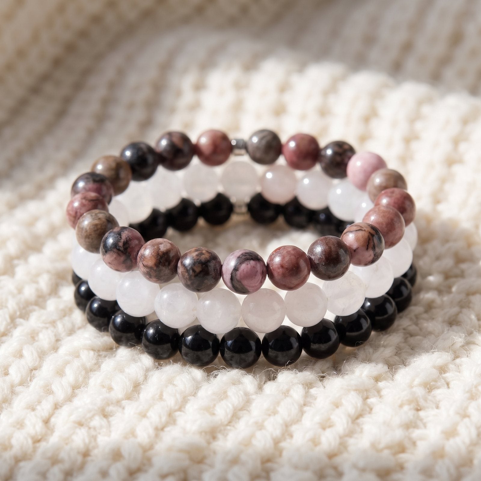 Triple Bracelet "Confiance en l'Amour" en Quartz Rose, Rhodonite et Onyx