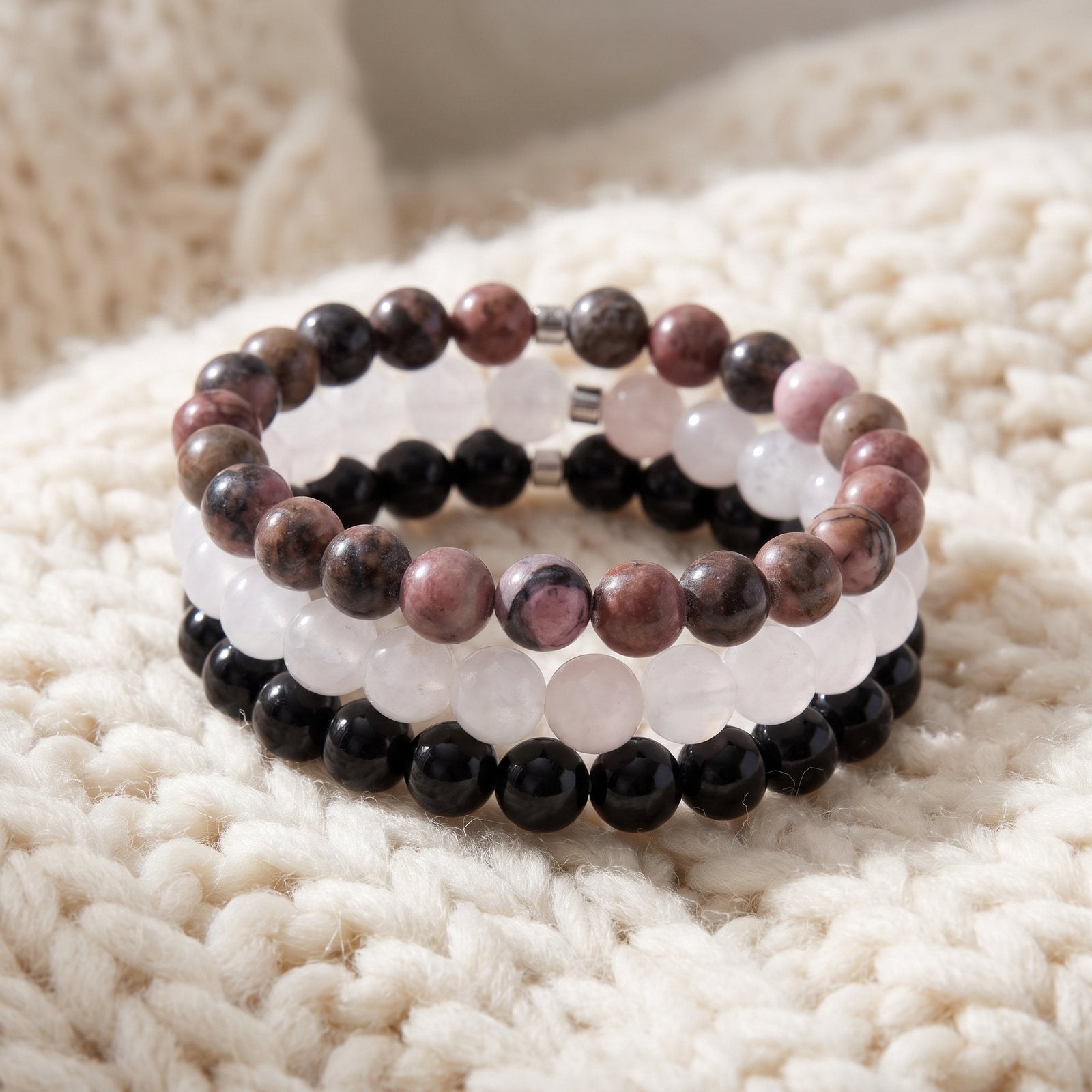 Triple Bracelet "Confiance en l'Amour" en Quartz Rose, Rhodonite et Onyx