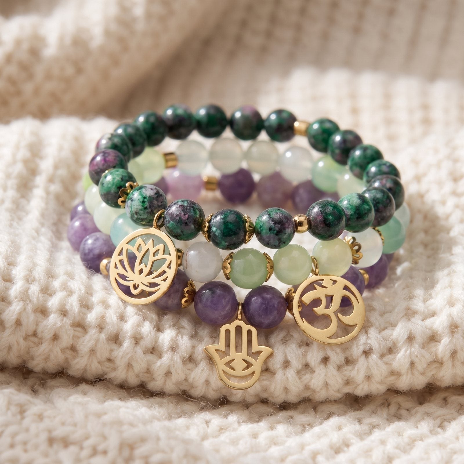 Triple Bracelets "Libération Émotionnelle" en Lépidolite, Clinozoïsite et Agate Raisin