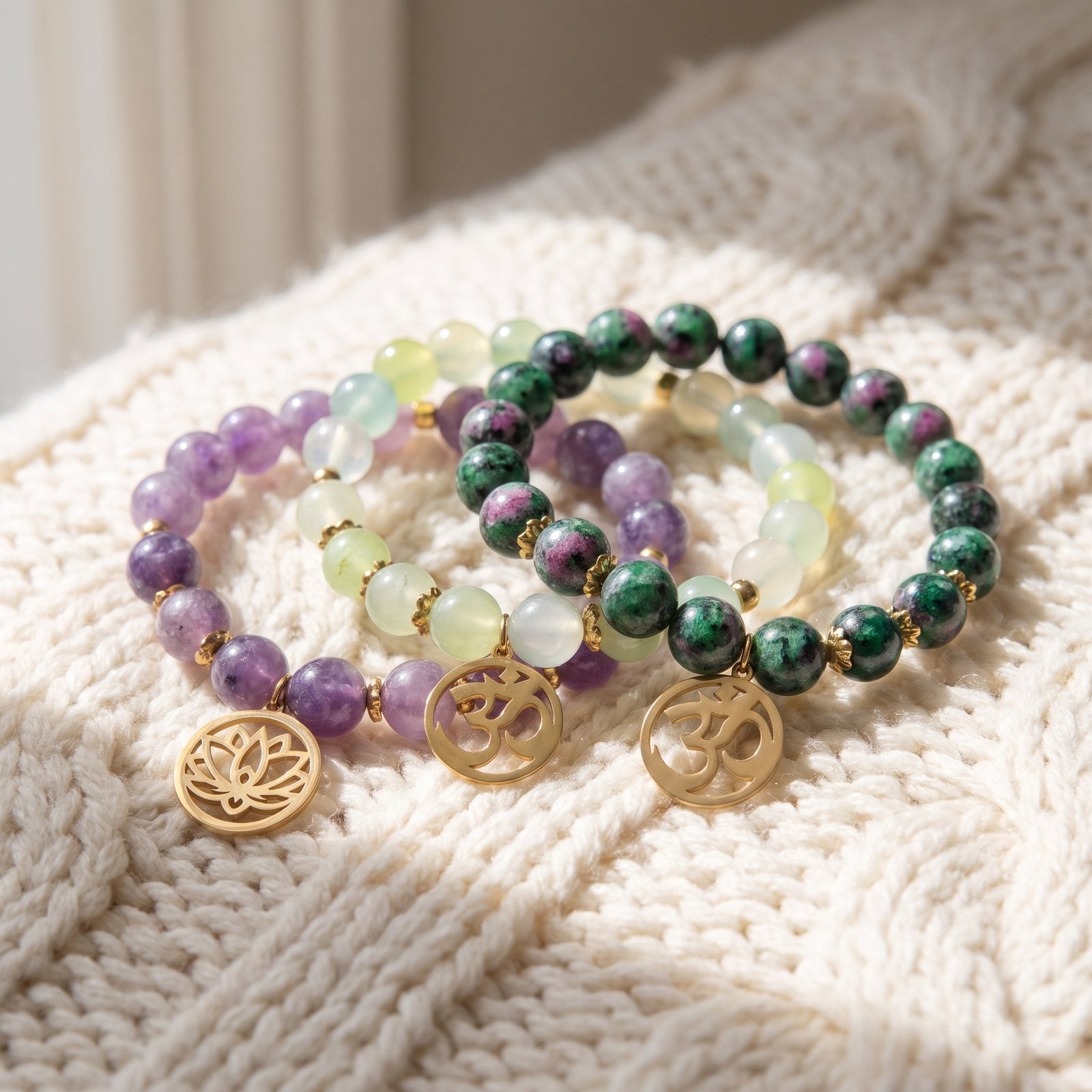 Triple Bracelets "Libération Émotionnelle" en Lépidolite, Clinozoïsite et Agate Raisin