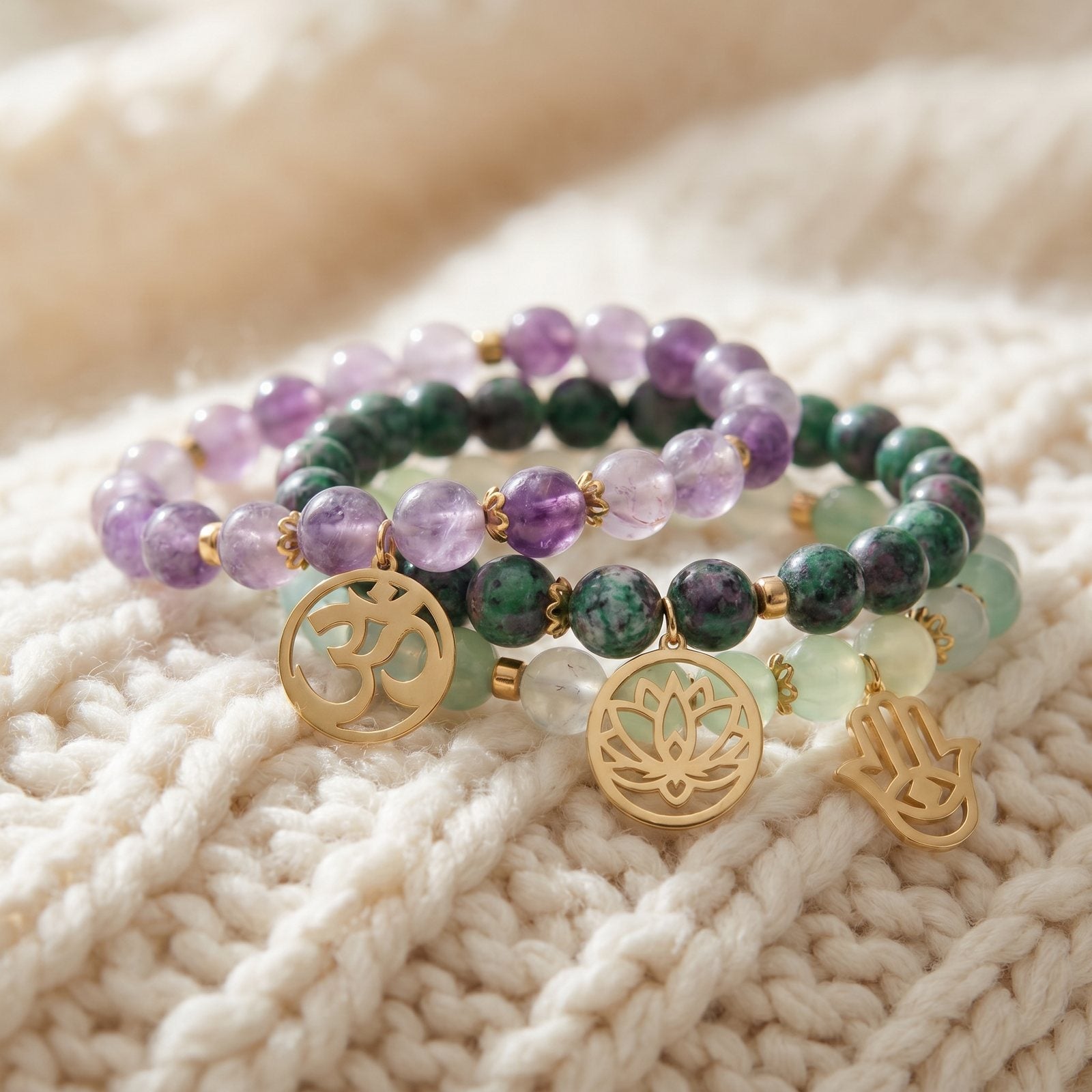 Triple Bracelets "Libération Émotionnelle" en Lépidolite, Clinozoïsite et Agate Raisin