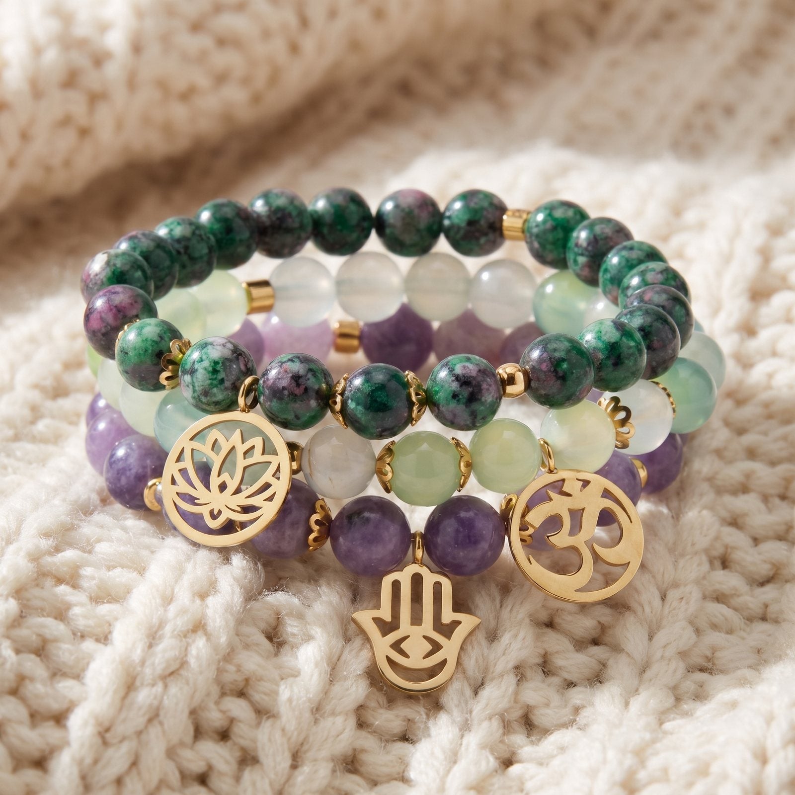 Triple Bracelets "Libération Émotionnelle" en Lépidolite, Clinozoïsite et Agate Raisin