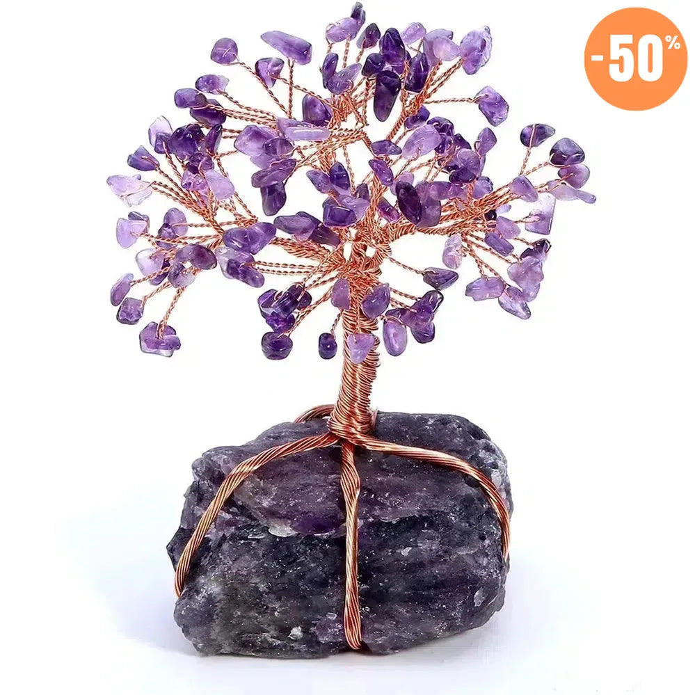 Arbre Bonsaï en Pierres avec base en Quartz naturel et fil de Cuivre