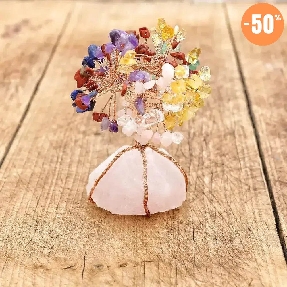 Arbre Bonsaï en Pierres avec base en Quartz naturel et fil de Cuivre