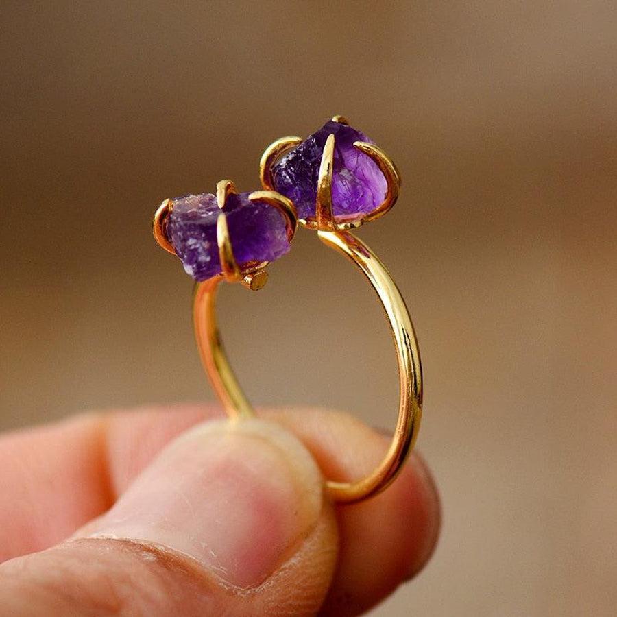 Bague réglable deux pierres Améthystes griffées