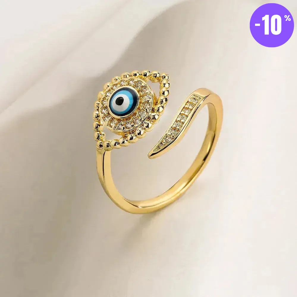 Bague turque Mauvais Œil bleu, dorée de Luxe