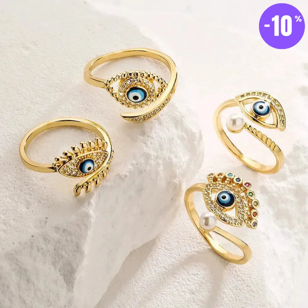 Bague turque Mauvais Œil bleu, dorée de Luxe