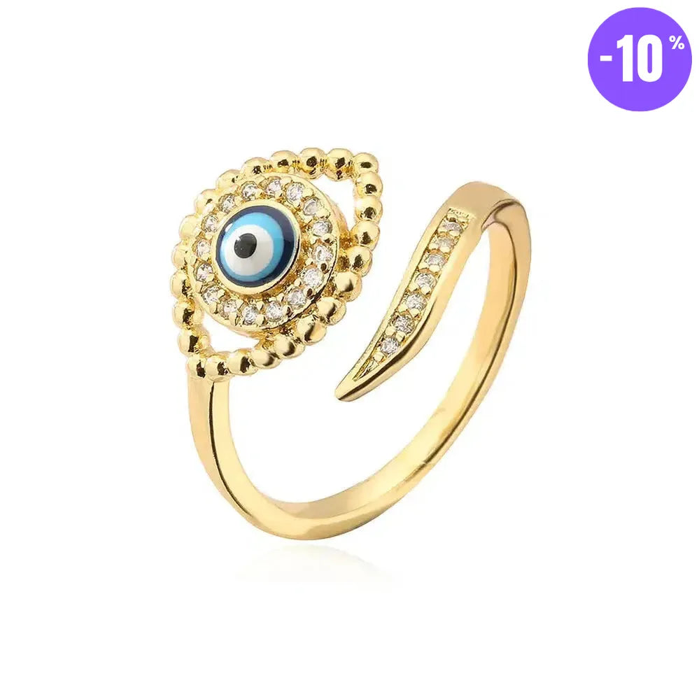 Bague turque Mauvais Œil bleu, dorée de Luxe