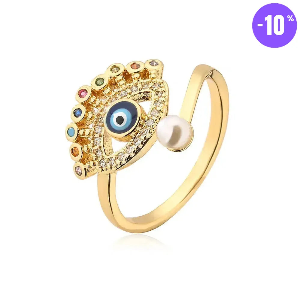 Bague turque Mauvais Œil bleu, dorée de Luxe