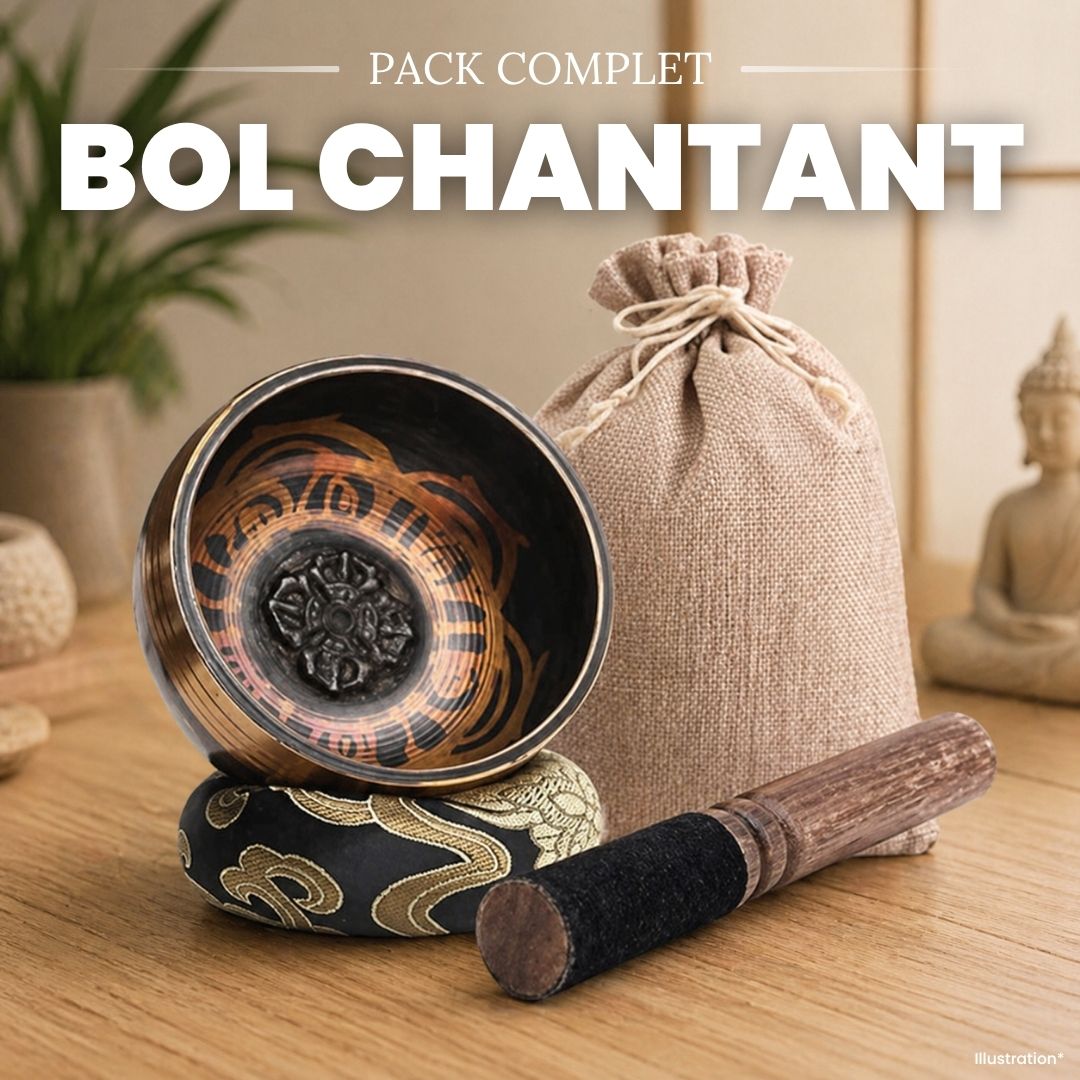 Bol chantant tibétain avec son support, son maillet et un sac de rangement