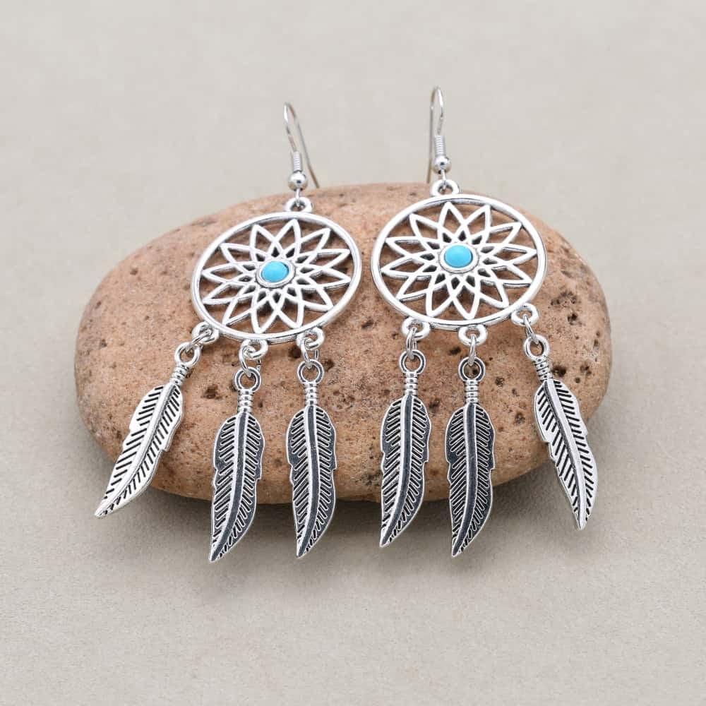 Boucles d'oreilles Boheme à plume attrape rêve