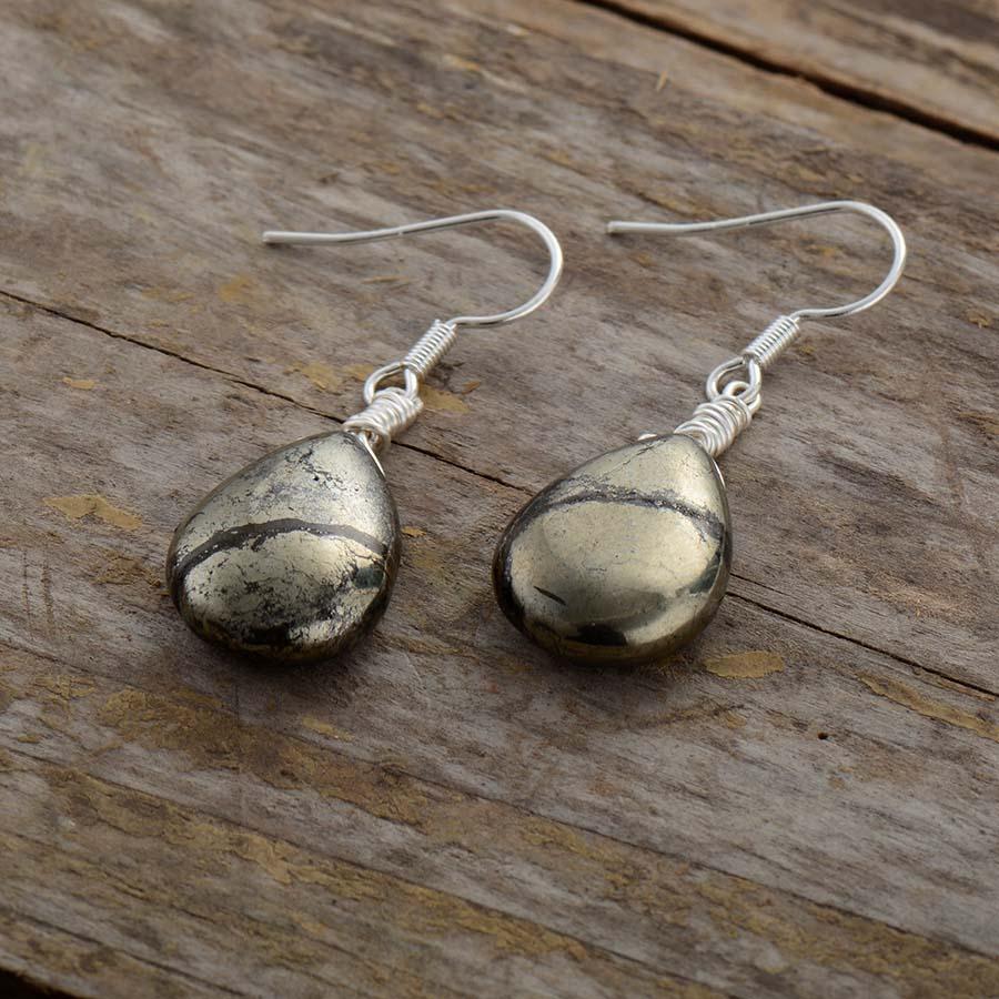 Boucles d’oreilles larme en Pyrite