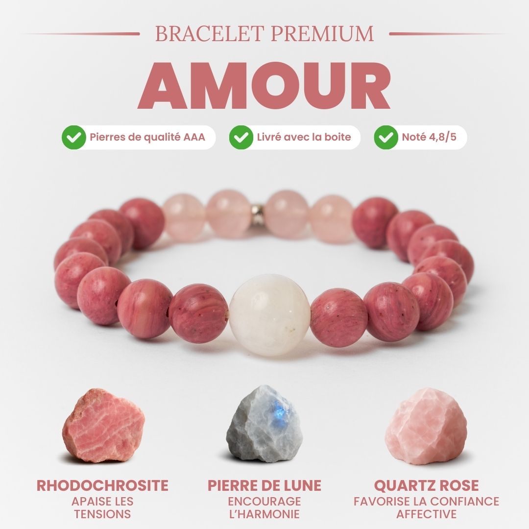 Bracelet « Amour & Relations » en Quartz Rose, Rhodochrosite et Pierre de Lune